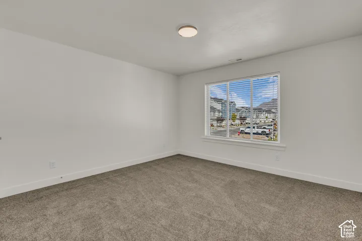 Window with blinds, wall-to-wall carpeting, and flush mount lighting
