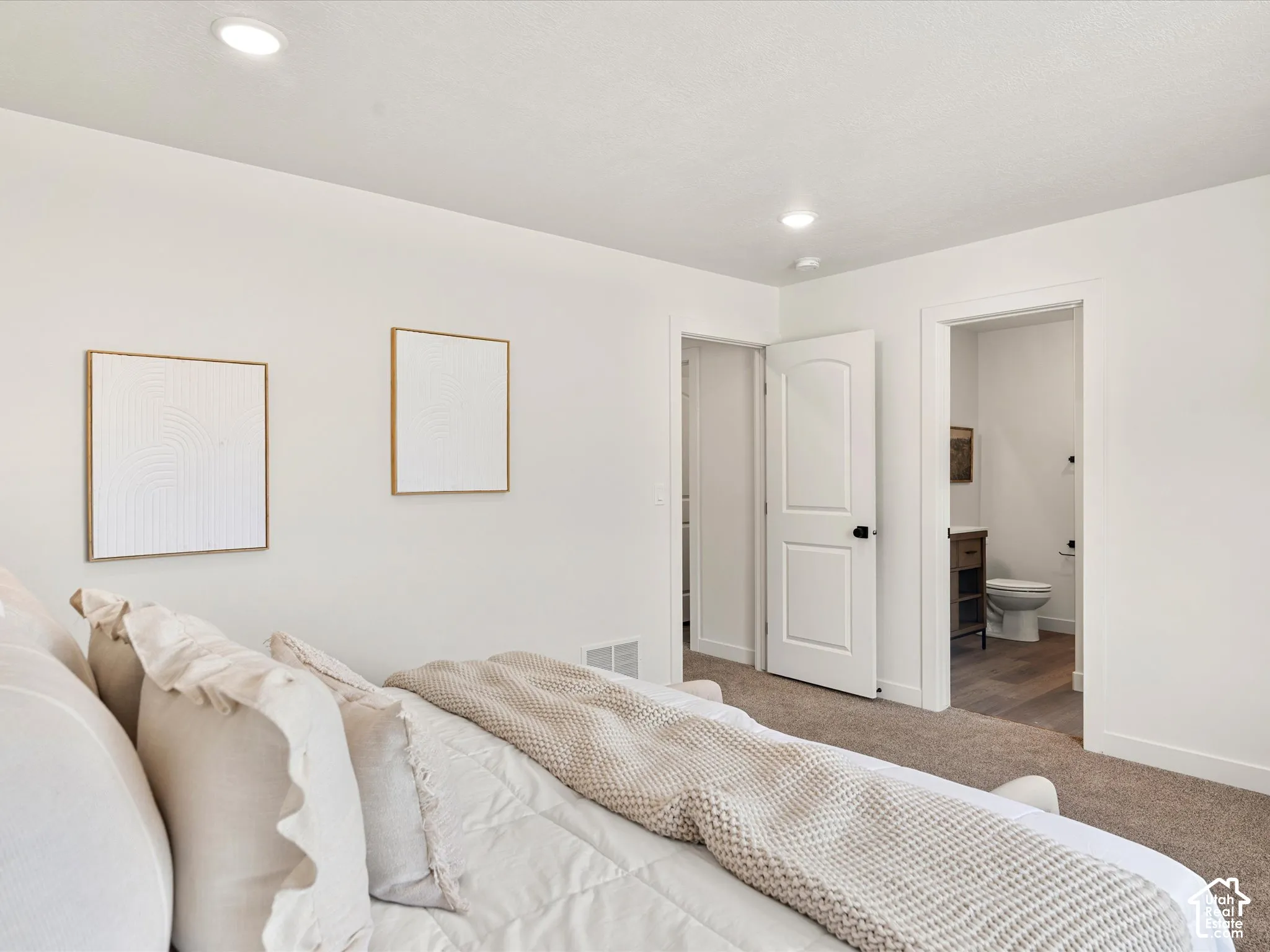 Recessed lighting, wood-finish flooring, white paneled doors, and a built-in vanity with a vessel sink