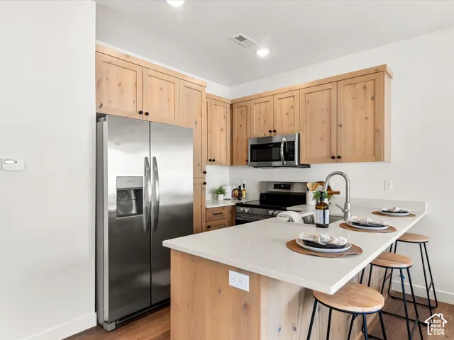 Kitchen with natural wood cabinetry, stainless steel appliances, light-toned countertops, a stainless steel sink with a gooseneck faucet, and hard-surface flooring
