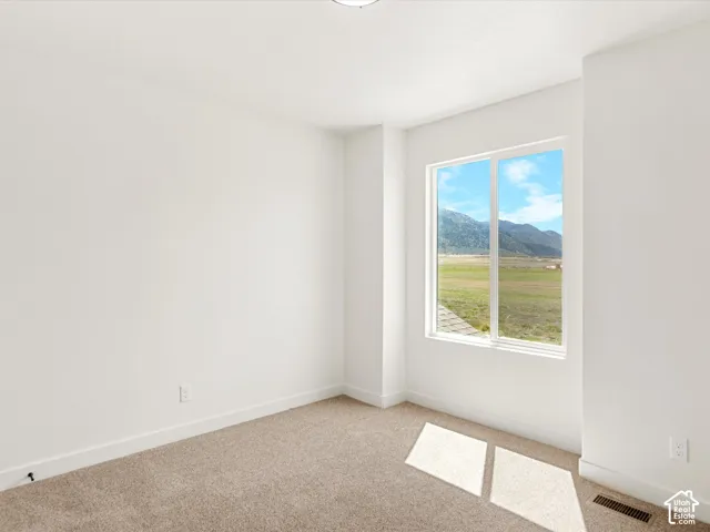 Neutral wall finish, carpeted flooring, and a large window with a natural landscape