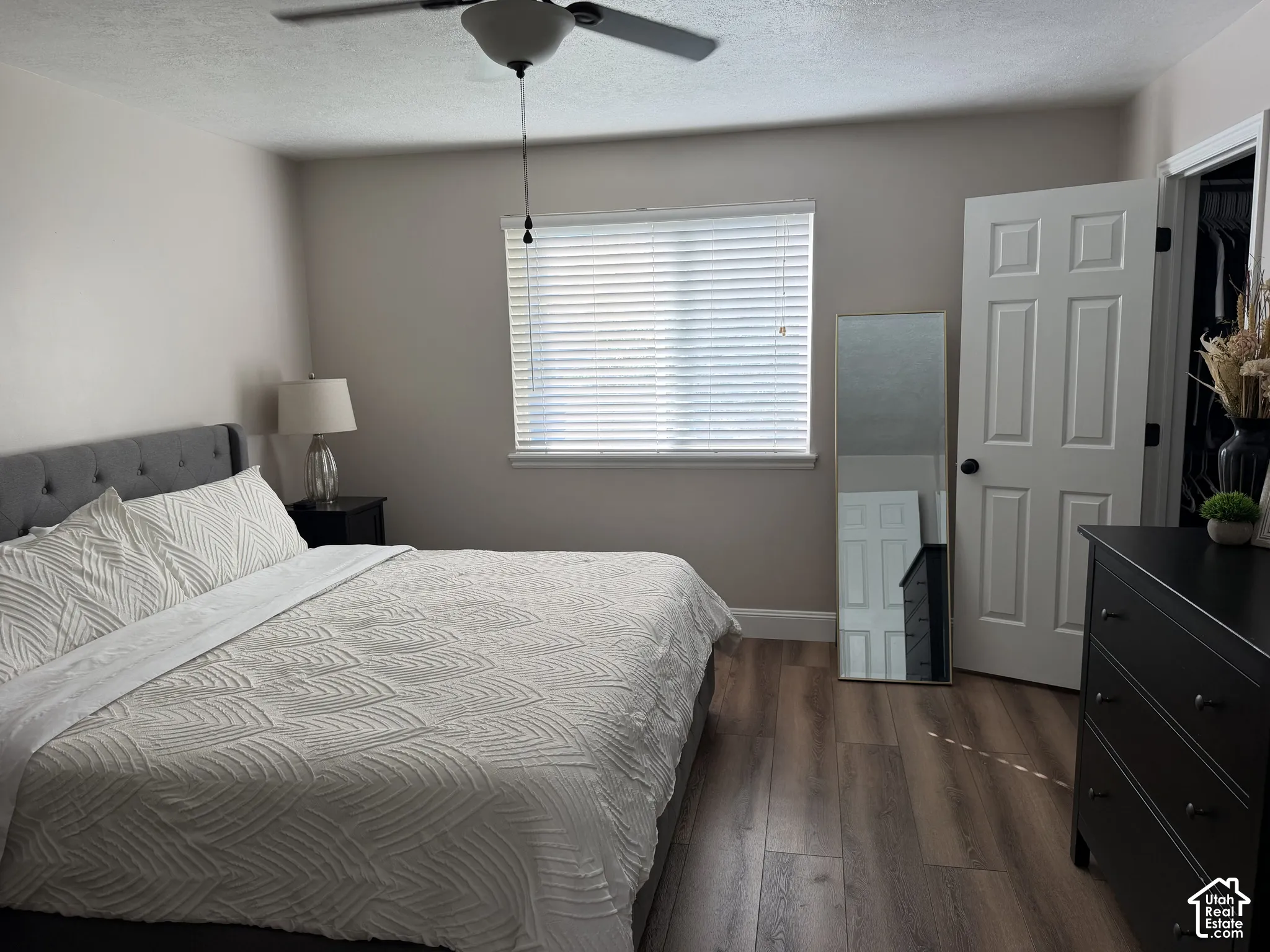 Wood-finish flooring, overhead ceiling fan, white window blinds, paneled interior door, and built-in closet