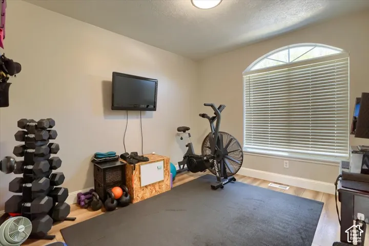 Room featuring a prominent arched window, light-toned walls, and wood-finish flooring