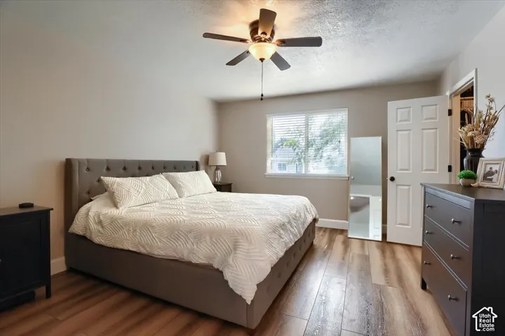 Spacious primary bedroom with warm wood-finish flooring, neutral wall tones, and abundant natural light from dual windows