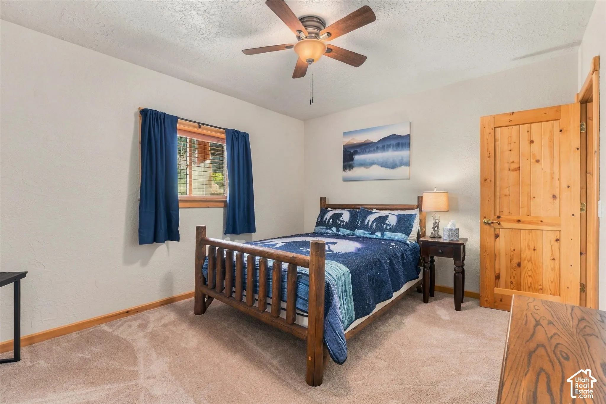 Carpeted flooring, a wood-frame window, and a wooden door define this room