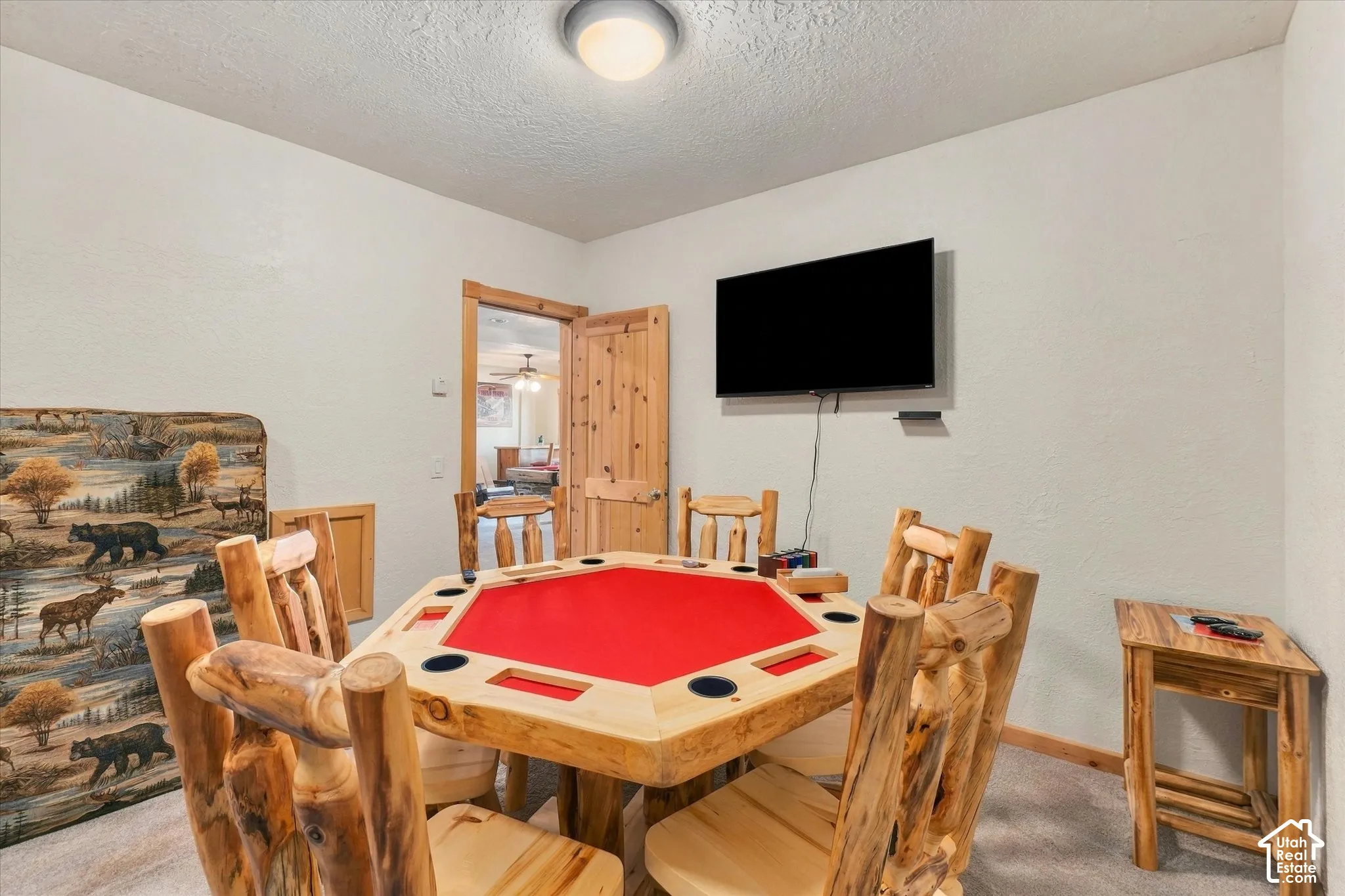 Built-in wall-mounted television, wood-finish door, and recessed ceiling light fixture