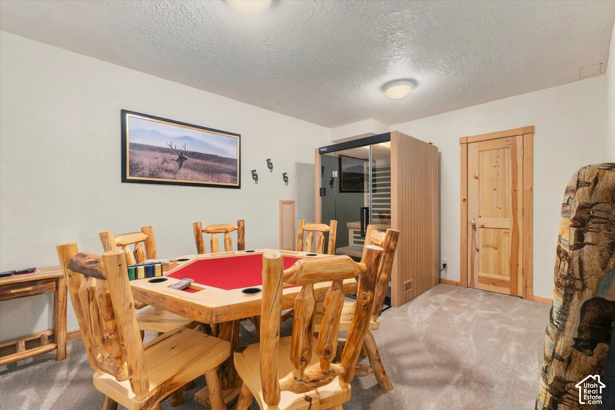 Carpeted room featuring a built-in sauna, solid wood door, and ceiling-mounted lighting