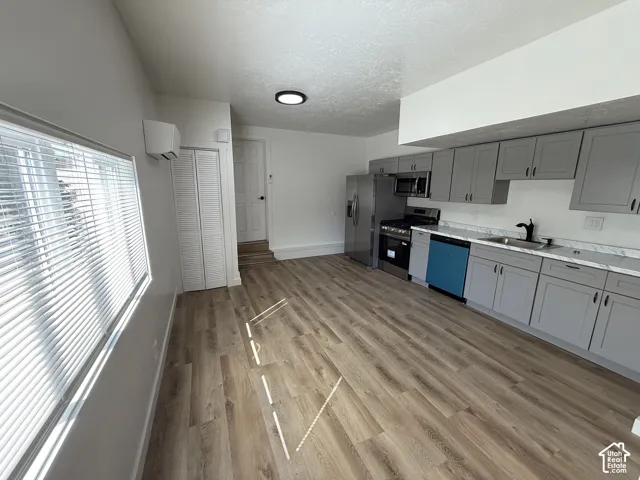 Modern kitchen featuring grey cabinetry, stainless steel appliances, wood-finish flooring, and a window with blinds