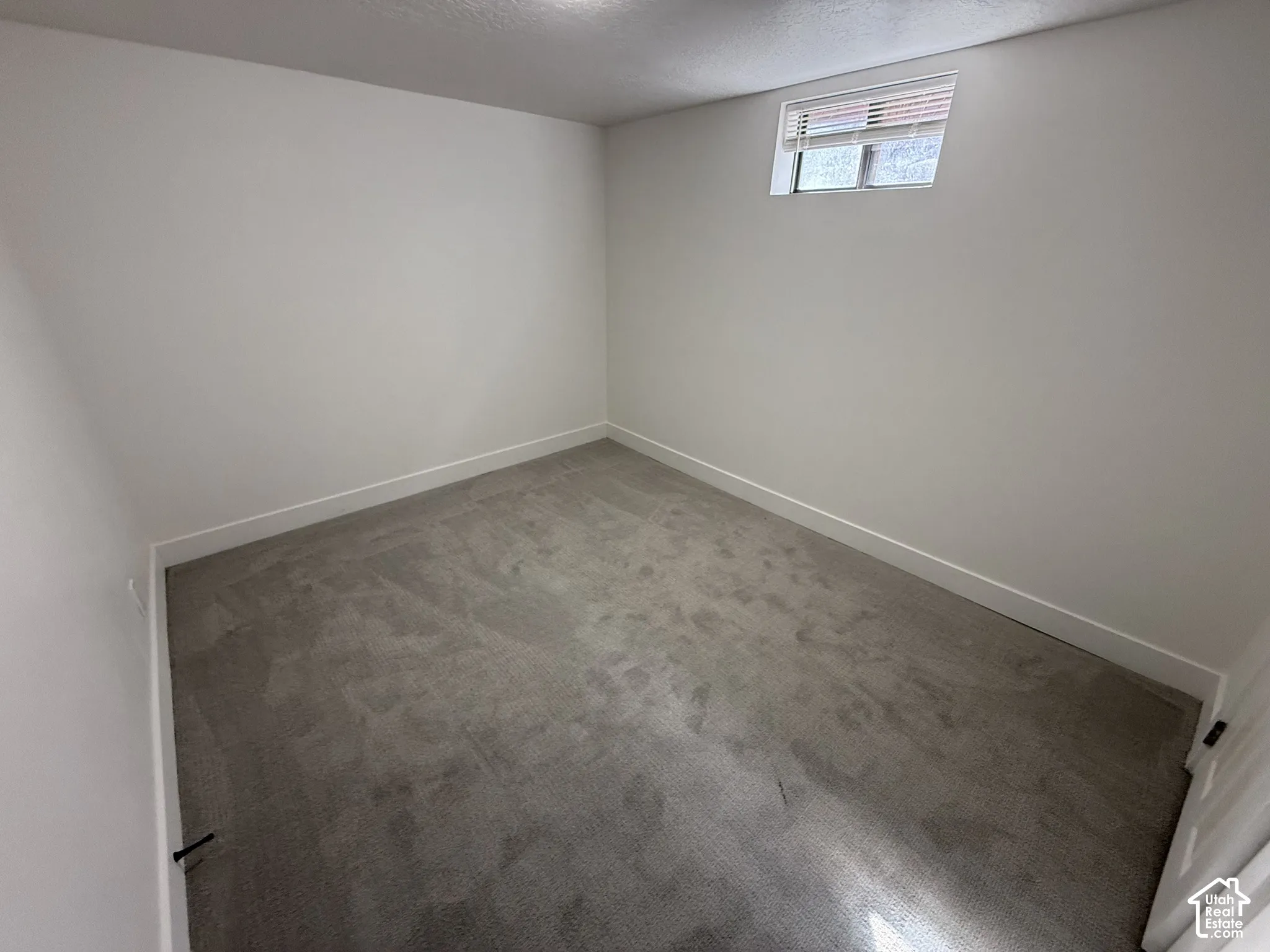 White walls with a window, gray carpeting, and white trim