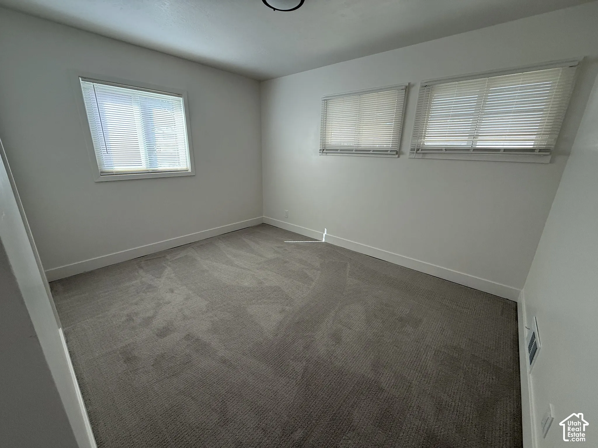 Gray carpeted flooring, white walls, and multiple windows with blinds