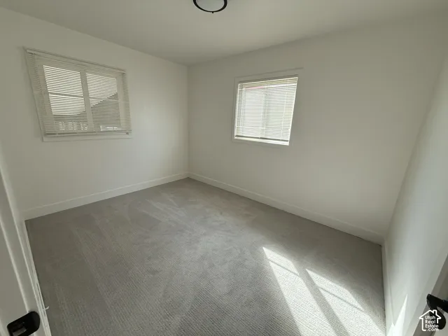 Neutral-toned carpeting, two windows with blinds, and white painted walls