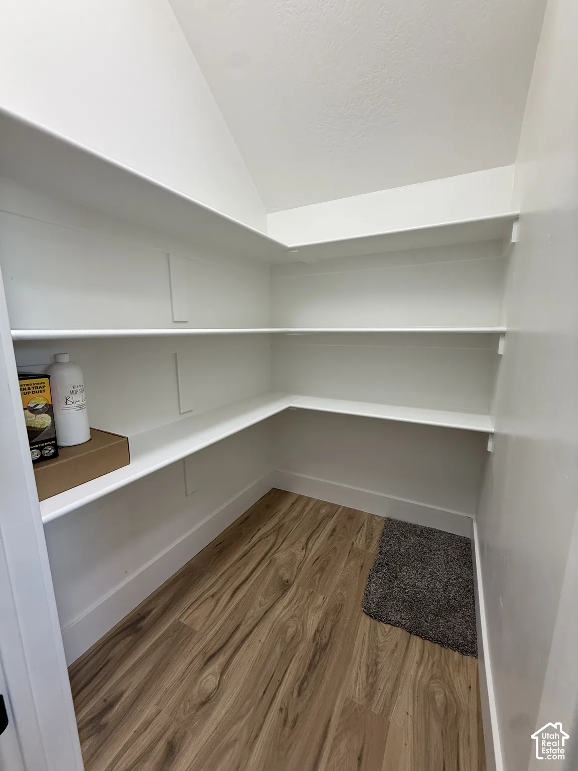 Corner pantry with extensive white shelving and wood-finish flooring