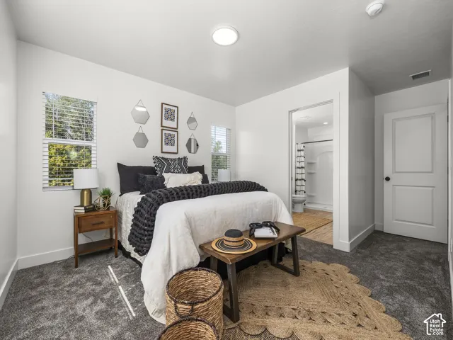 Carpeted flooring, white walls, two windows with blinds, built-in overhead lighting, and an adjacent full bathroom with a shower-tub combination