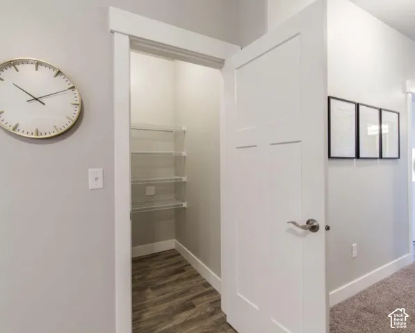 Built-in pantry with wire shelving, wood-finish flooring, and white trim