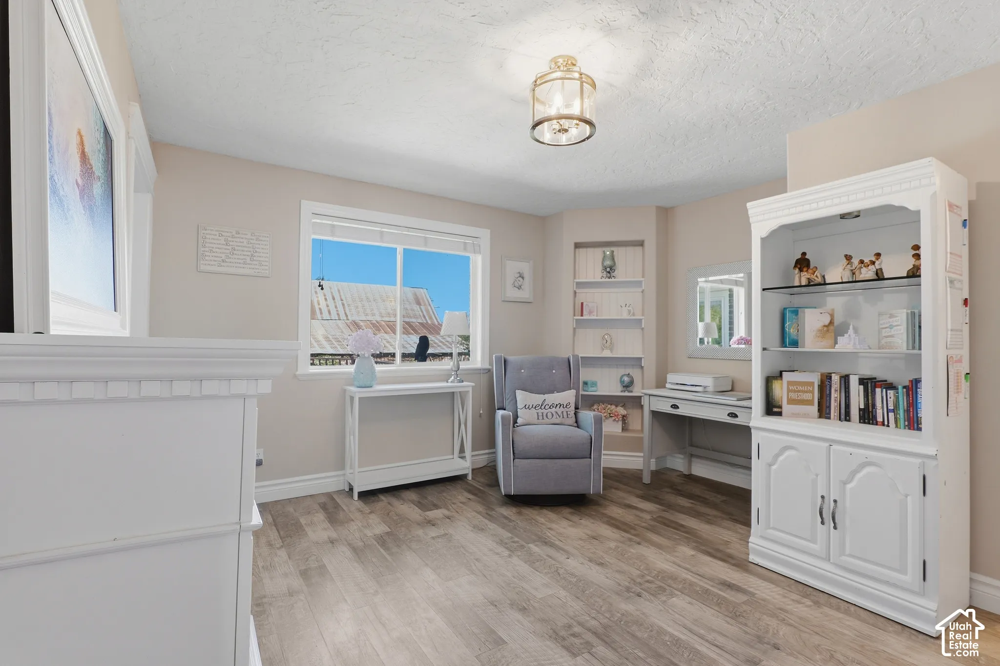 Recessed shelving, wood-finish flooring, and a decorative ceiling fixture