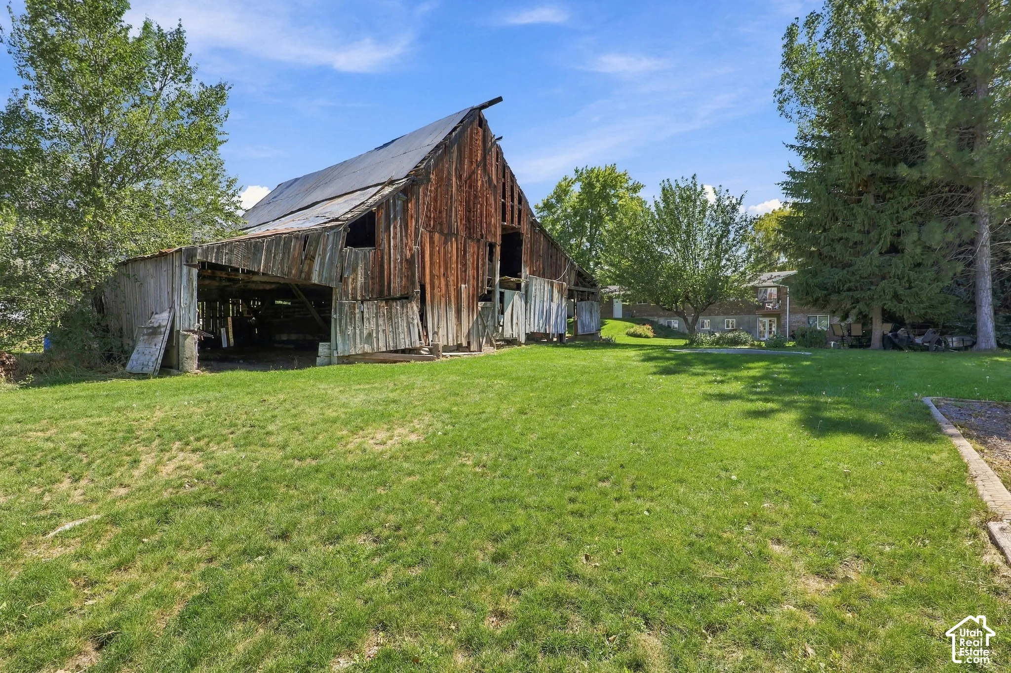 Expansive lawn area with mature trees and a rustic barn structure