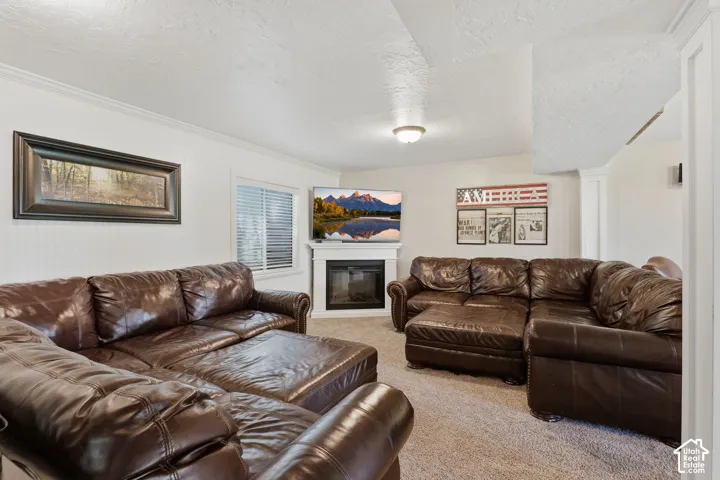 Living area featuring a fireplace with a white mantel, an integrated television, and a window with horizontal blinds