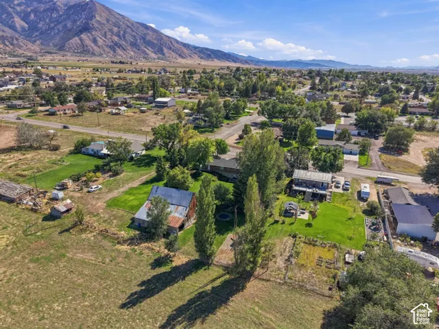 Expansive property featuring a residence with an elevated deck, multiple outbuildings, and mature trees