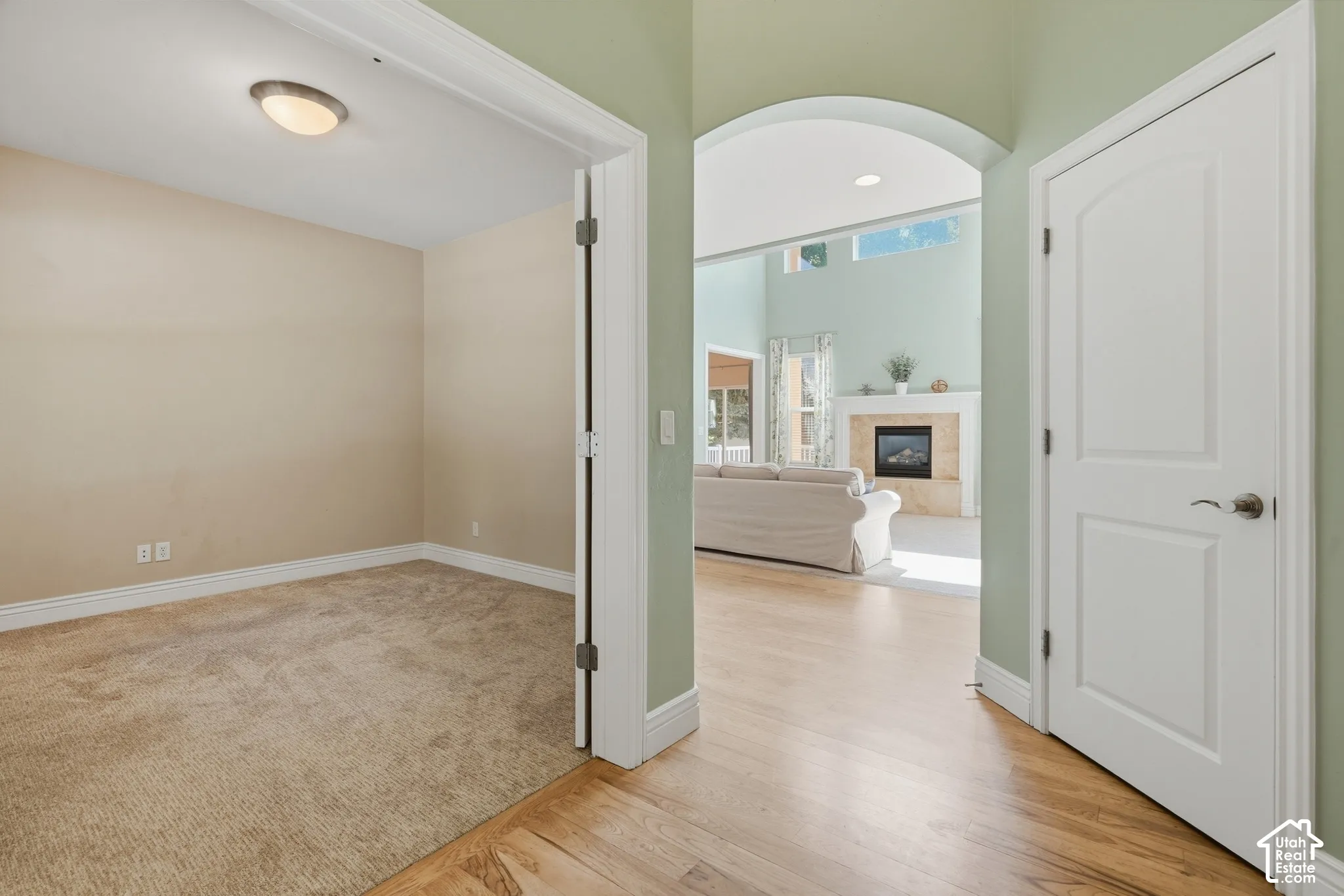 Archway entry with wood-finish flooring