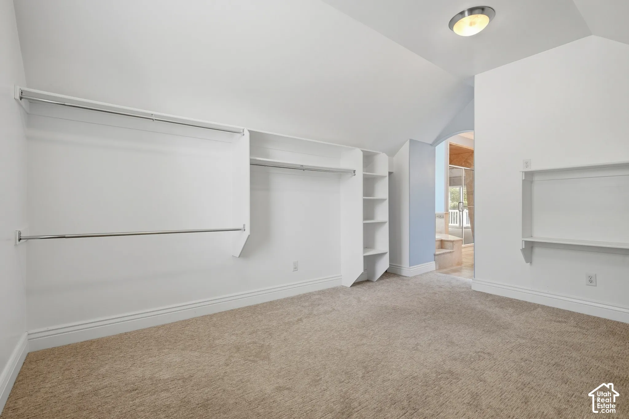 Built-in shelving, integrated hanging rods, recessed ceiling light, and carpeted flooring