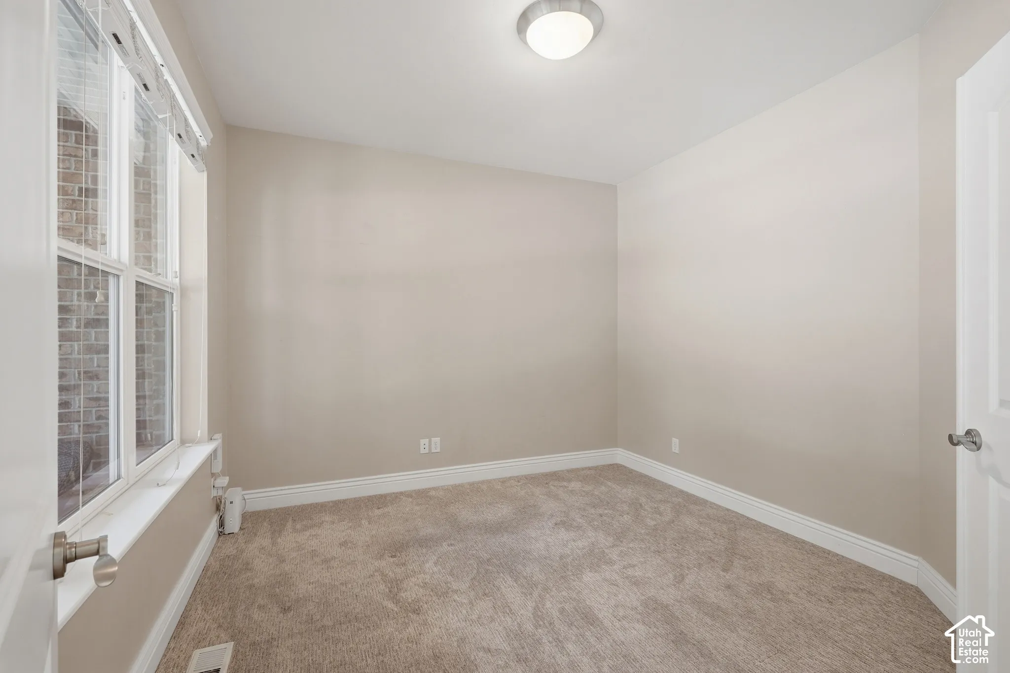 Window with white frame, neutral carpet, white trim, and a flush mount ceiling light