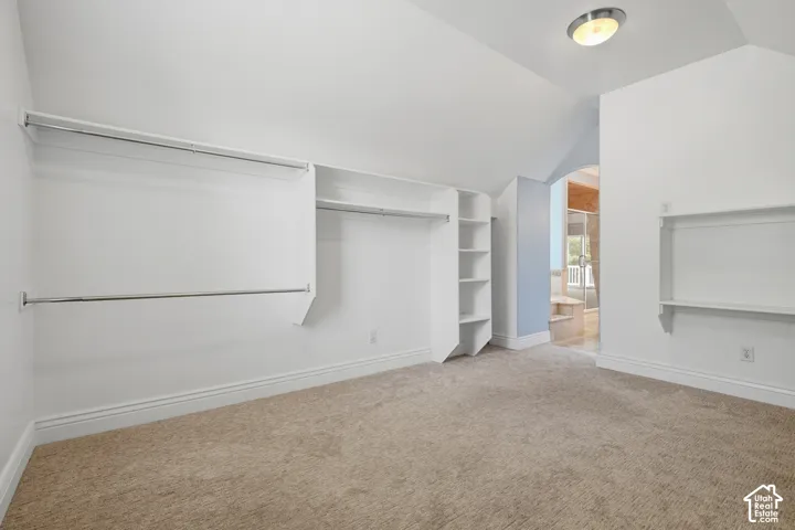 Built-in shelving, integrated hanging rods, recessed ceiling light, and carpeted flooring