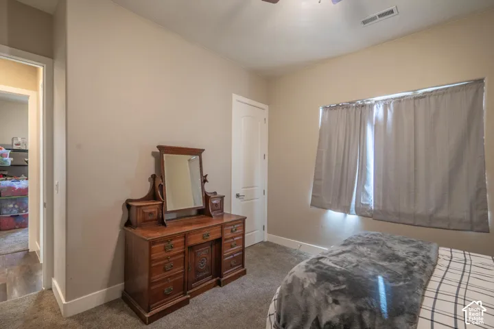 Carpeted flooring, neutral wall tones, and a window with natural light