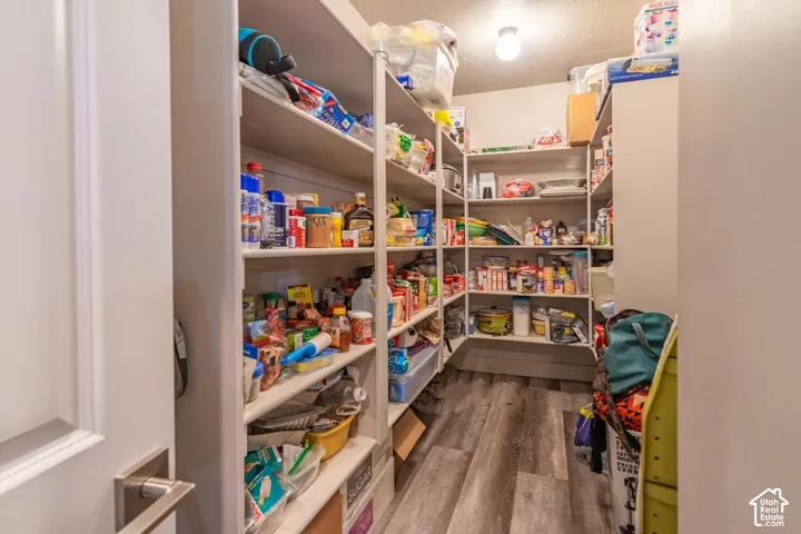 Walk-in pantry featuring extensive built-in shelving, wood-finish flooring, and overhead lighting
