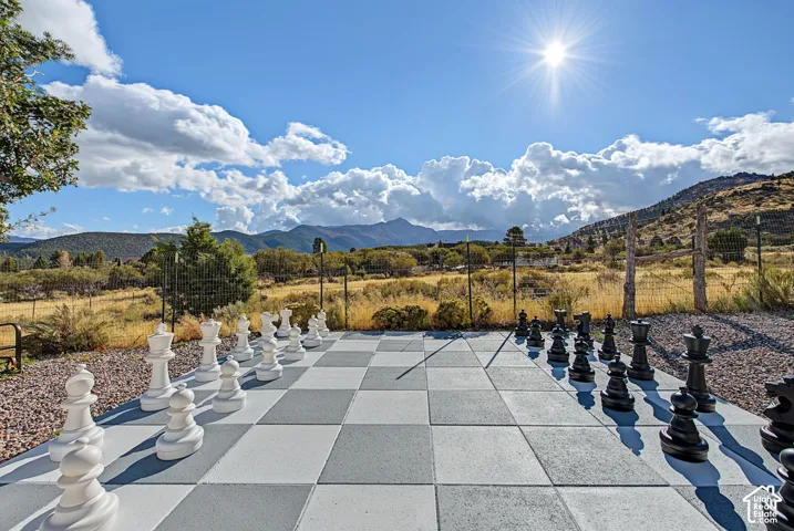 Outdoor game area with a large-scale chess set
