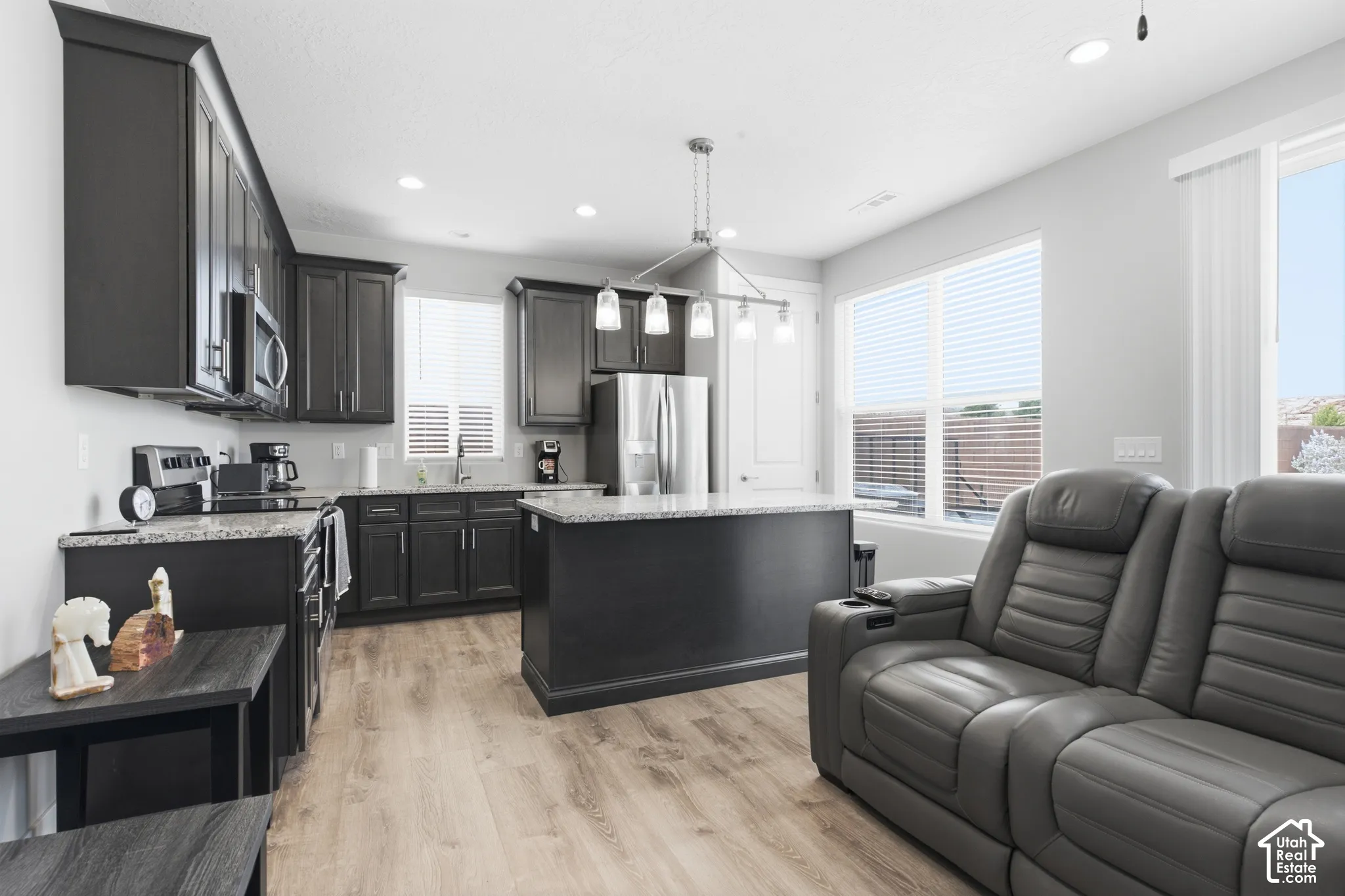 Kitchen featuring dark cabinetry, stainless steel appliances, a kitchen island with seating, pendant lighting, and wood-finish flooring