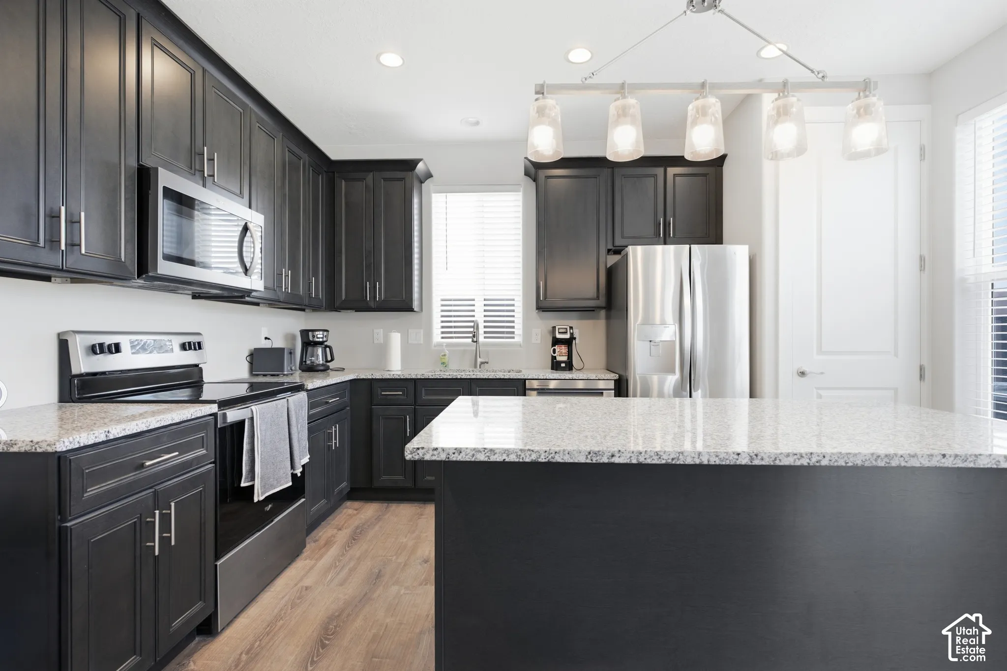 Dark wood-finish cabinetry, stainless steel appliances, speckled stone countertops, wood-finish flooring, and a contemporary linear pendant light fixture