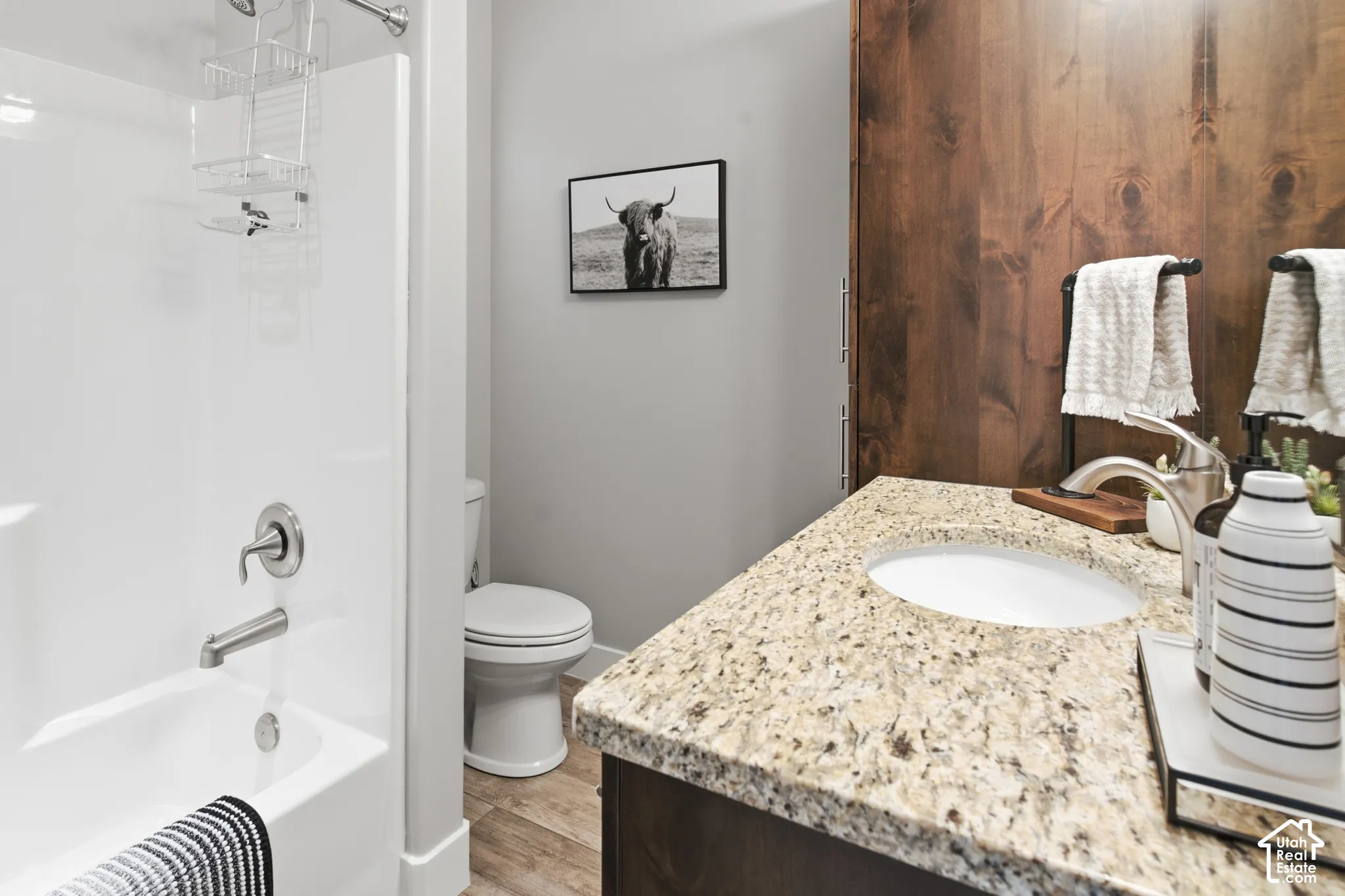 Bathroom featuring a white tub, toilet, and vanity with an integrated sink