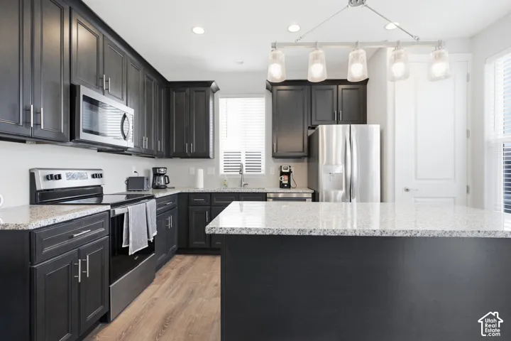 Dark wood-finish cabinetry, stainless steel appliances, speckled stone countertops, wood-finish flooring, and a contemporary linear pendant light fixture