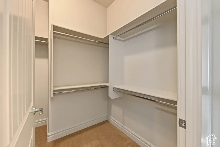 Walk-in closet featuring carpet flooring, built-in shelving, and dual clothes hanging rods