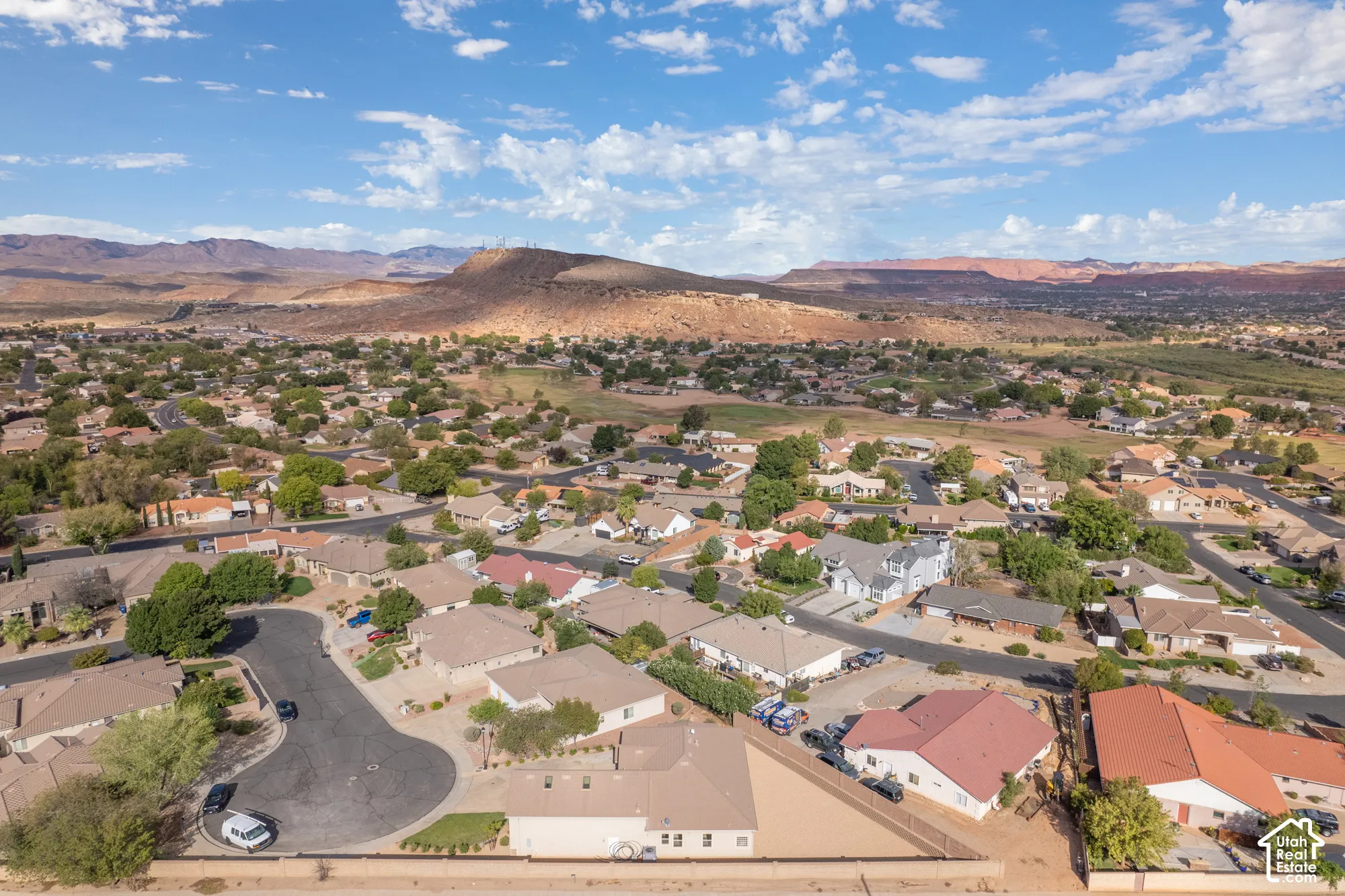 Suburban neighborhood with varied residential architecture