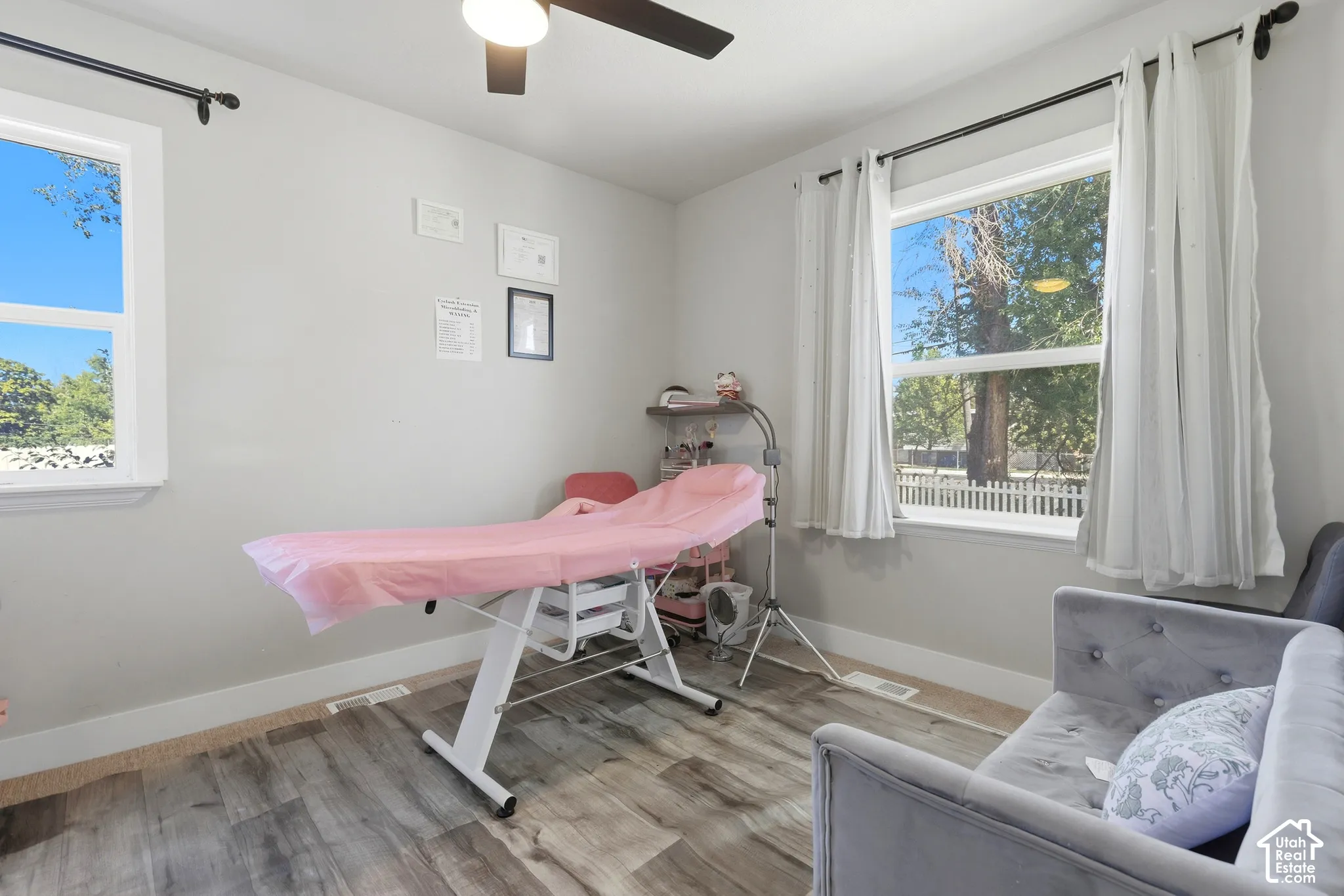 Light gray painted walls, wood-finish flooring, two windows with white frames, and a ceiling fan with integrated lighting