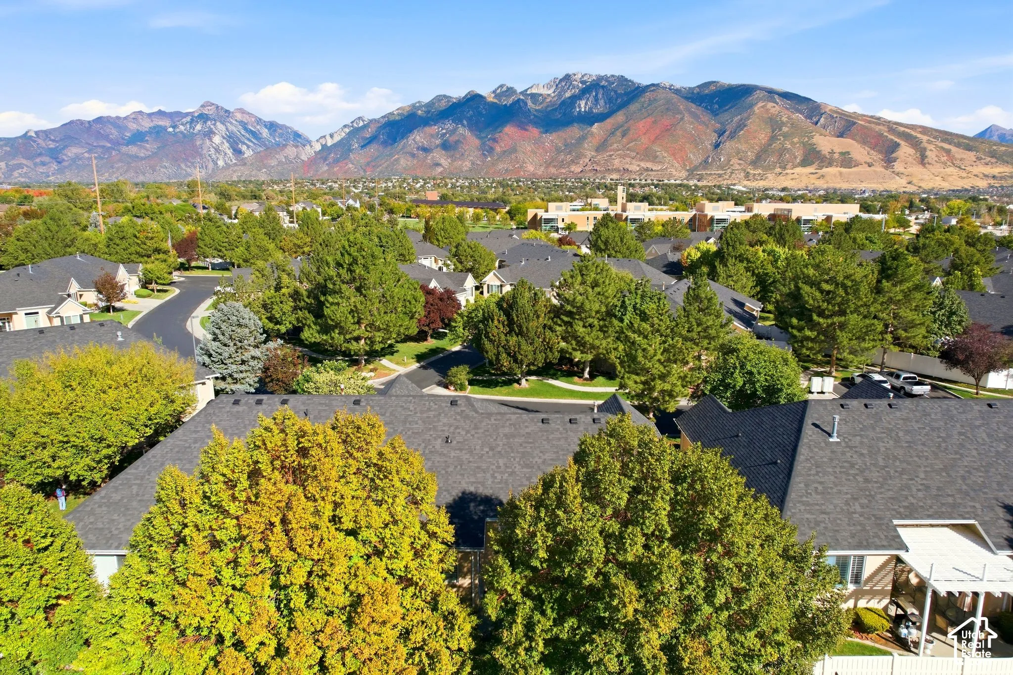 Mountain backdrop with a residential area featuring mature trees and paved streets
