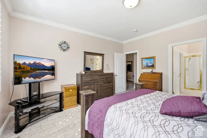 Crown molding detail, flush mount ceiling light, and an adjoining bath with a glass-enclosed shower