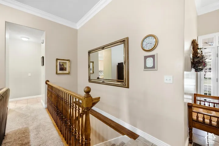 Wood-finish staircase railing with balusters, crown molding, and a light-toned wall finish
