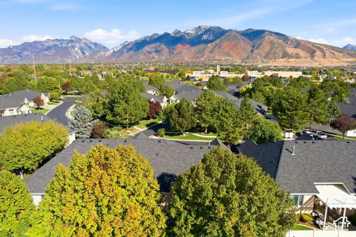Mountain backdrop with a residential area featuring mature trees and paved streets