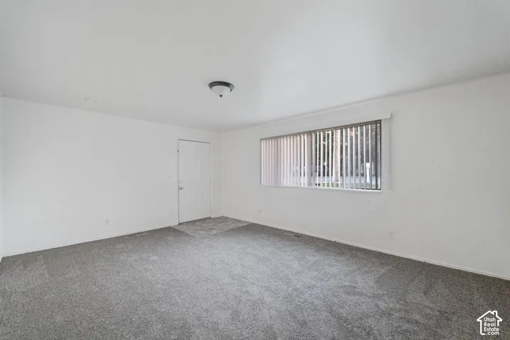 Wall-to-wall carpeting in a neutral tone, white painted walls, a flush-mount ceiling light fixture, and a window with vertical blinds