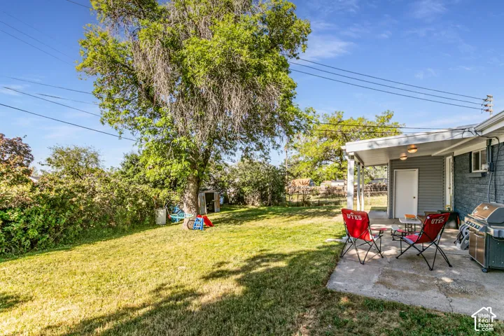 Expansive grassy yard with mature trees, a detached storage shed, and a concrete patio