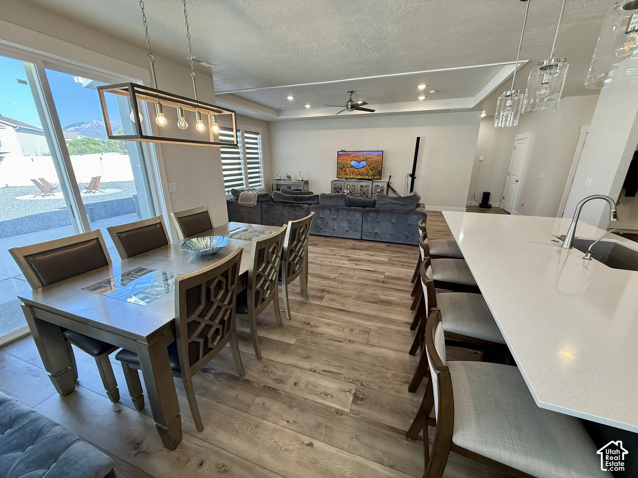 Open-concept living space featuring wood-finish flooring, a tray ceiling, and recessed lighting