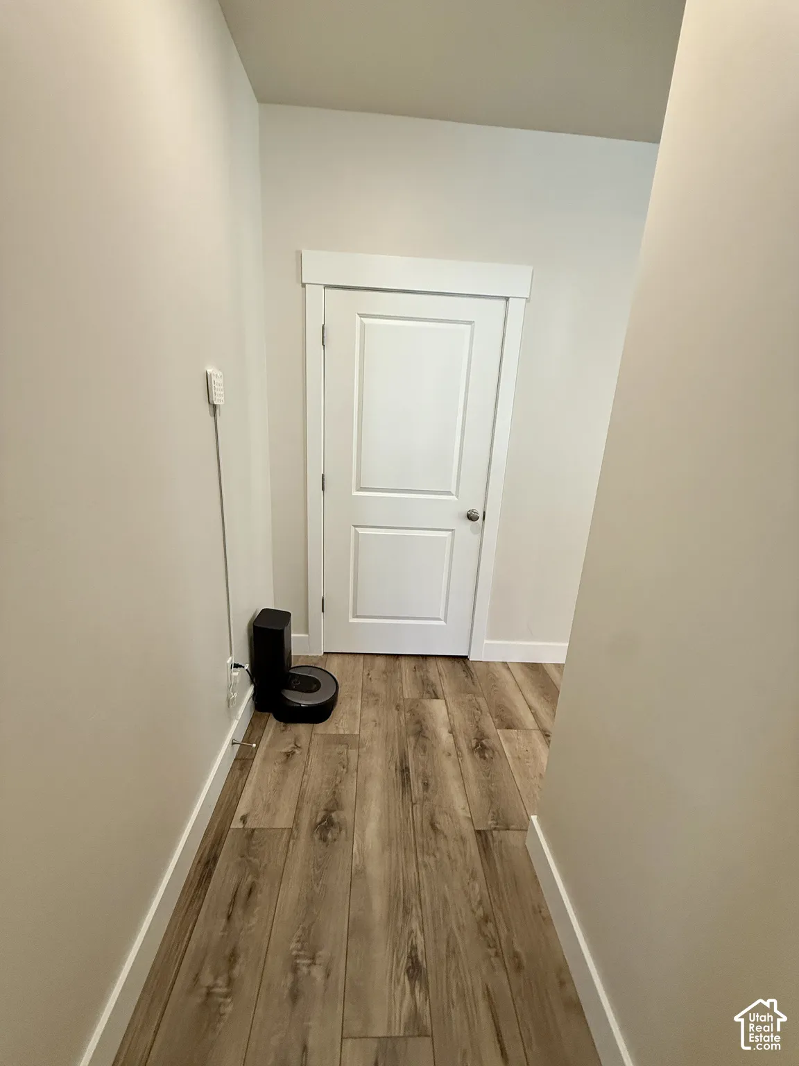Wood-finish flooring leading to a two-panel interior door with white trim