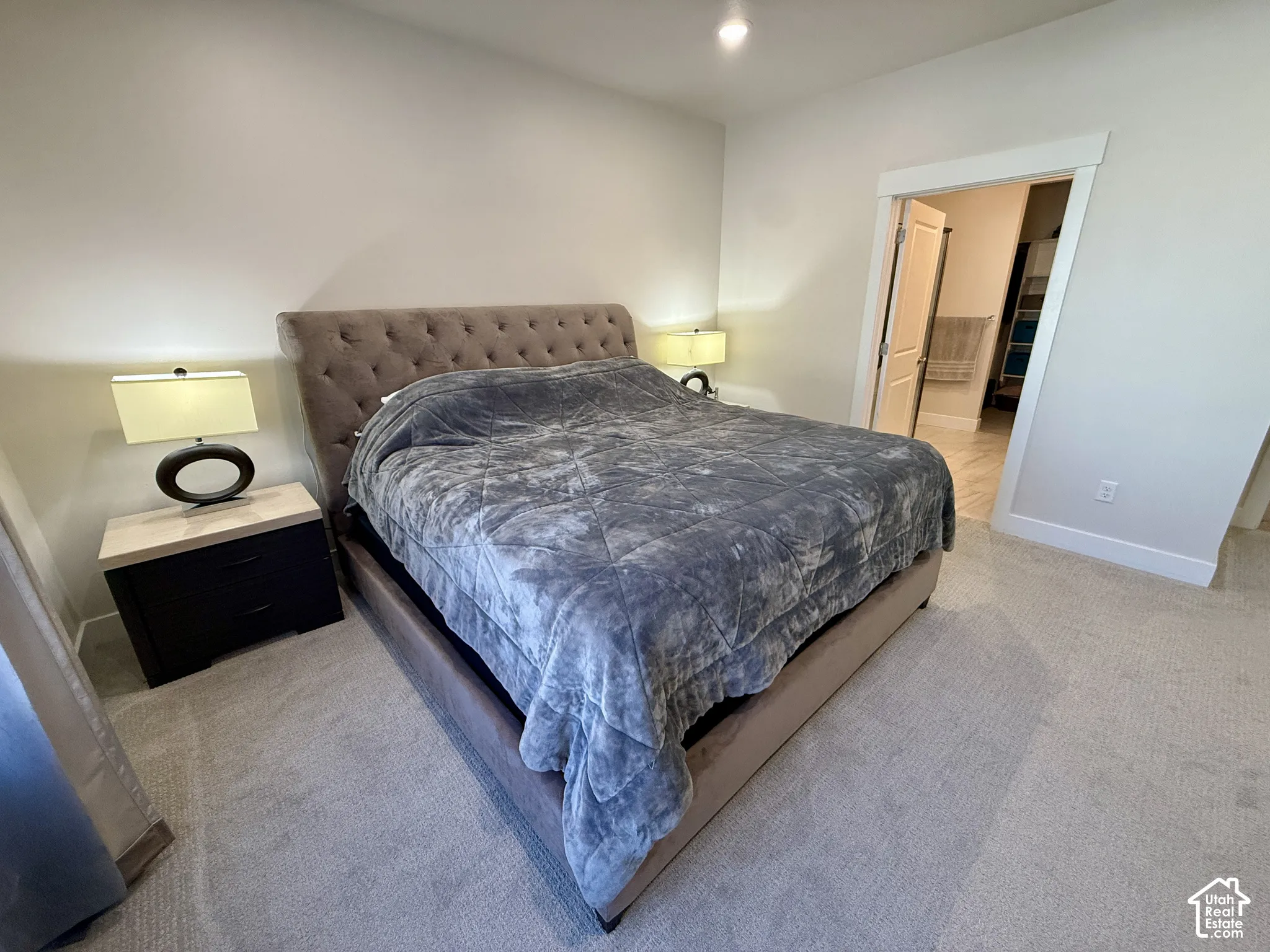 Carpeted flooring, white walls, and bright overhead lighting