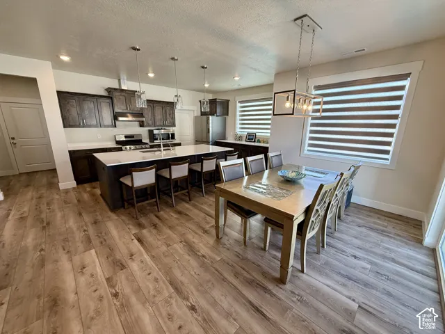 Open-concept living area with wood-finish flooring, a kitchen island with seating, dark wood cabinetry, stainless steel appliances, and multiple windows with blinds