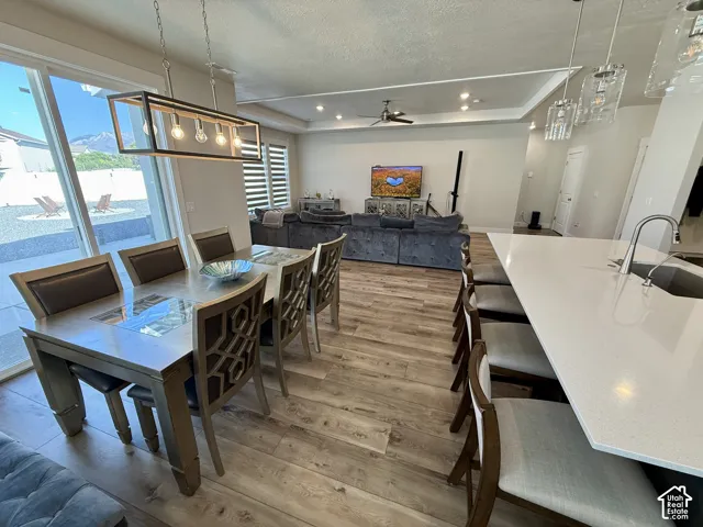 Open-concept living space featuring wood-finish flooring, a tray ceiling, and recessed lighting