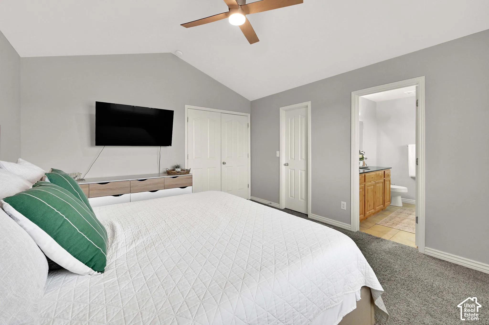 Vaulted ceiling, walk-in closet, and on-suite bathroom