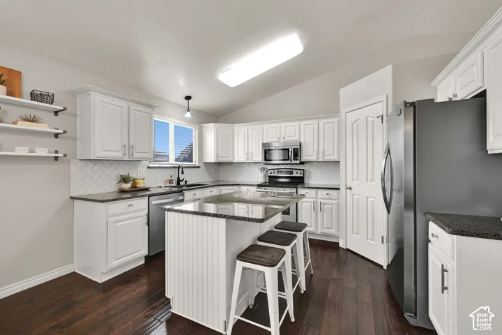 Kitchen featuring white cabinetry, dark stone countertops, stainless steel appliances, and dark wood flooring
