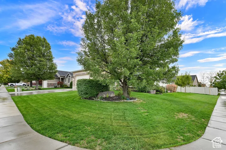 Expansive corner lot featuring a verdant lawn, mature trees, and RV pad
