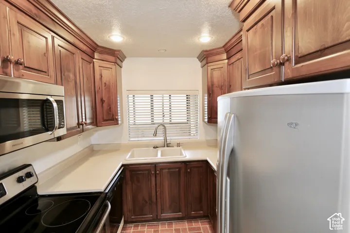 Kitchen featuring wood cabinetry, light countertops, a double basin sink, and stainless steel appliances